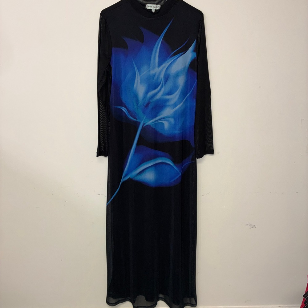 312 Almost Famous Maxi Dress 1X Black Blue Floral Mesh Long Sleeve Mock Neck